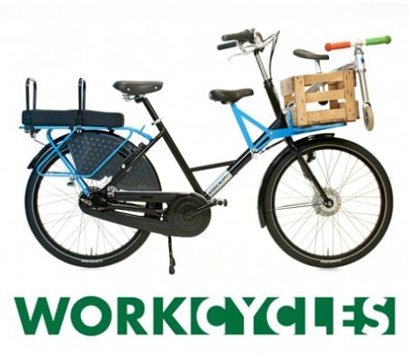 Workcycles Fr8 as family bike with three child seats... and a balance bike.